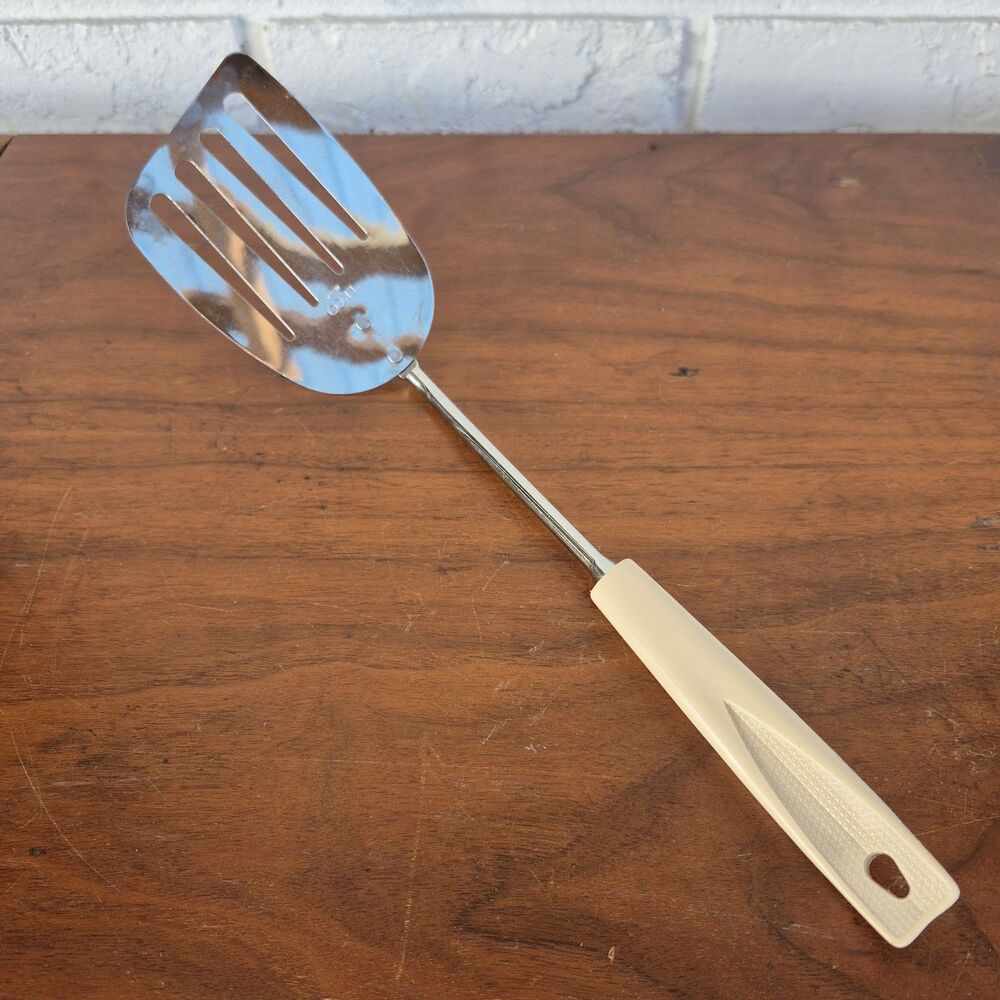 Vintage Ekco Angled Slotted Spatula Turner White/cream Handle.